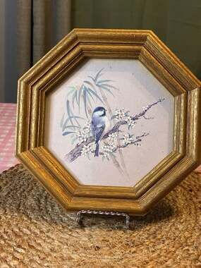 Vintage Set of 2 Homco Octagon Gold Framed Chickadee Bird Prints